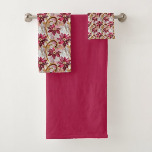 Gold Swirls Burgundy Pink Christmas Poinsettias Bath Towel Set