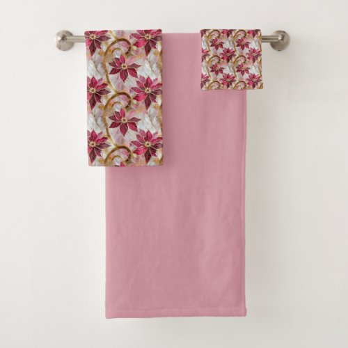 Gold Swirls Burgundy Pink Christmas Poinsettias Bath Towel Set