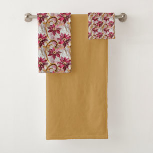 Gold Swirls Burgundy Pink Christmas Poinsettias Bath Towel Set