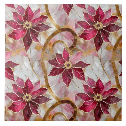 Gold Swirls Burgundy Pink Christmas Poinsettias Ceramic Tile