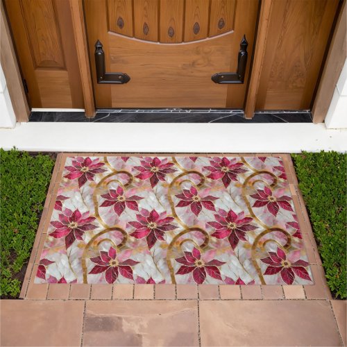 Gold Swirls Burgundy Pink Christmas Poinsettias Doormat