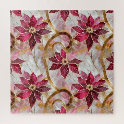 Gold Swirls Burgundy Pink Christmas Poinsettias Jigsaw Puzzle