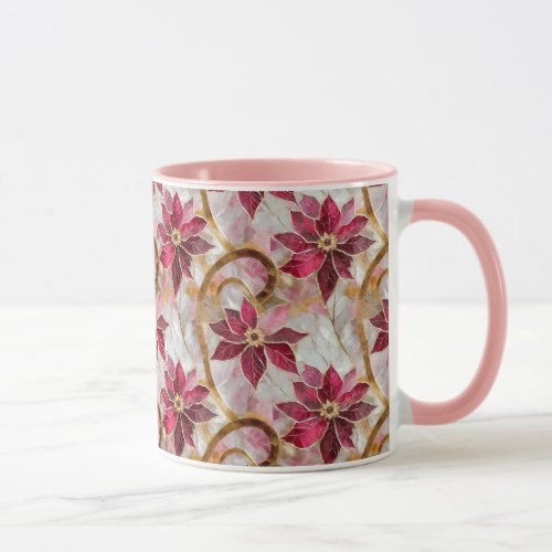 Gold Swirls Burgundy Pink Christmas Poinsettias Mug