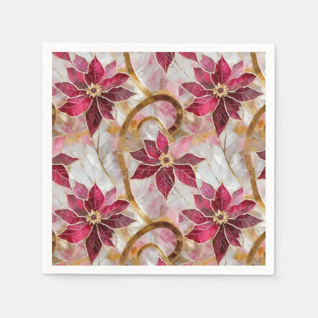 Gold Swirls Burgundy Pink Christmas Poinsettias Napkins (Front)