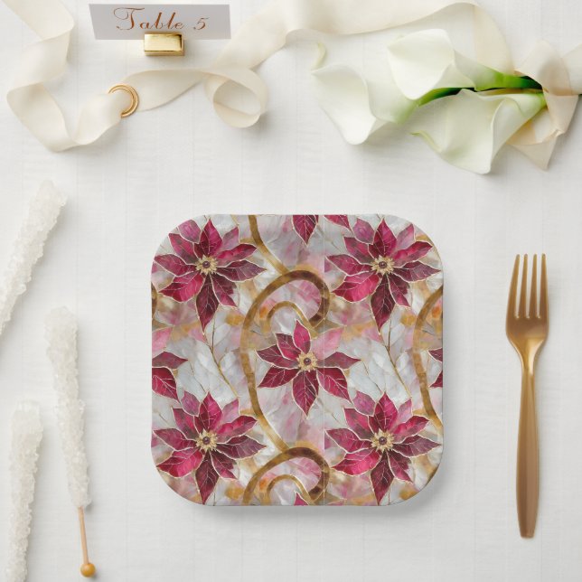 Gold Swirls Burgundy Pink Christmas Poinsettias Paper Plates (Wedding)
