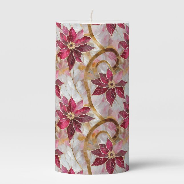 Gold Swirls Burgundy Pink Christmas Poinsettias Pillar Candle (Front)