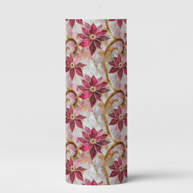 Gold Swirls Burgundy Pink Christmas Poinsettias Pillar Candle (Front)