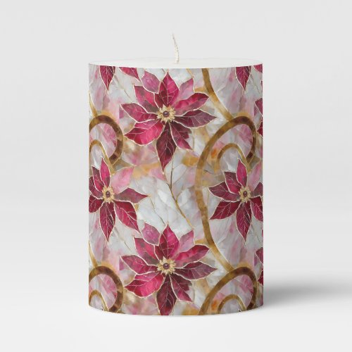 Gold Swirls Burgundy Pink Christmas Poinsettias Pillar Candle