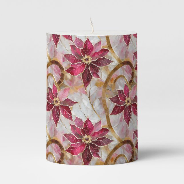 Gold Swirls Burgundy Pink Christmas Poinsettias Pillar Candle (Front)