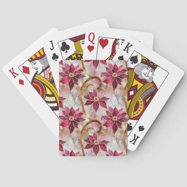 Gold Swirls Burgundy Pink Christmas Poinsettias Poker Cards (Back)