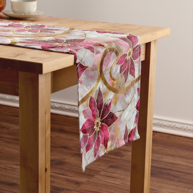 Gold Swirls Burgundy Pink Christmas Poinsettias Short Table Runner (In Situ)