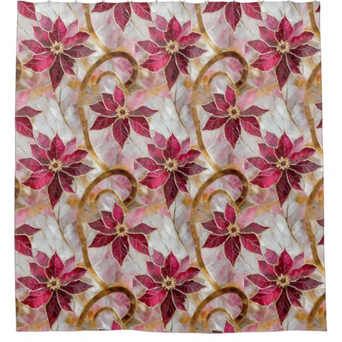 Gold Swirls Burgundy Pink Christmas Poinsettias Shower Curtain