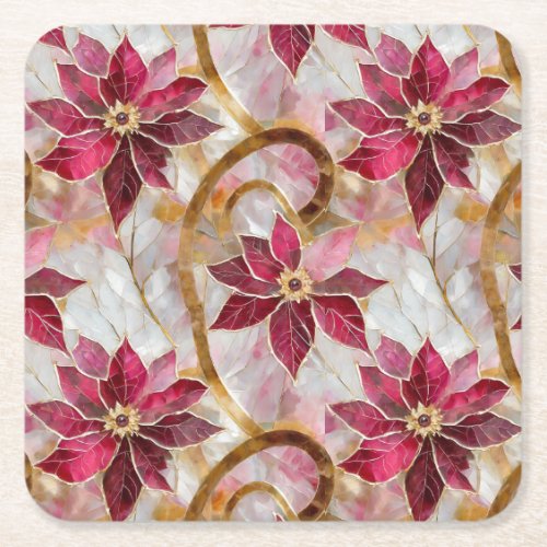 Gold Swirls Burgundy Pink Christmas Poinsettias Square Paper Coaster