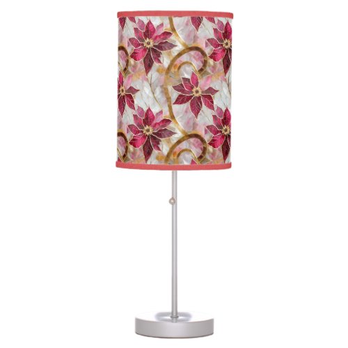 Gold Swirls Burgundy Pink Christmas Poinsettias Table Lamp