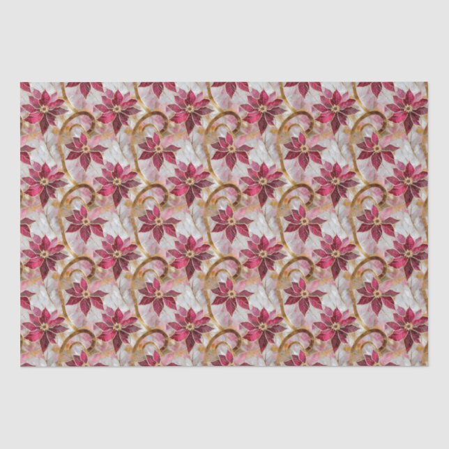 Gold Swirls Burgundy Pink Christmas Poinsettias Tissue Paper (Front)