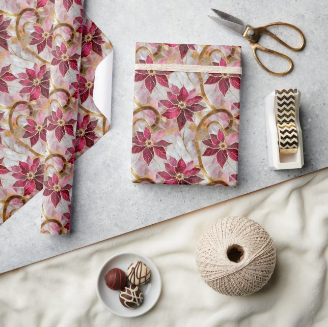 Gold Swirls Burgundy Pink Christmas Poinsettias Wrapping Paper (Crafts)