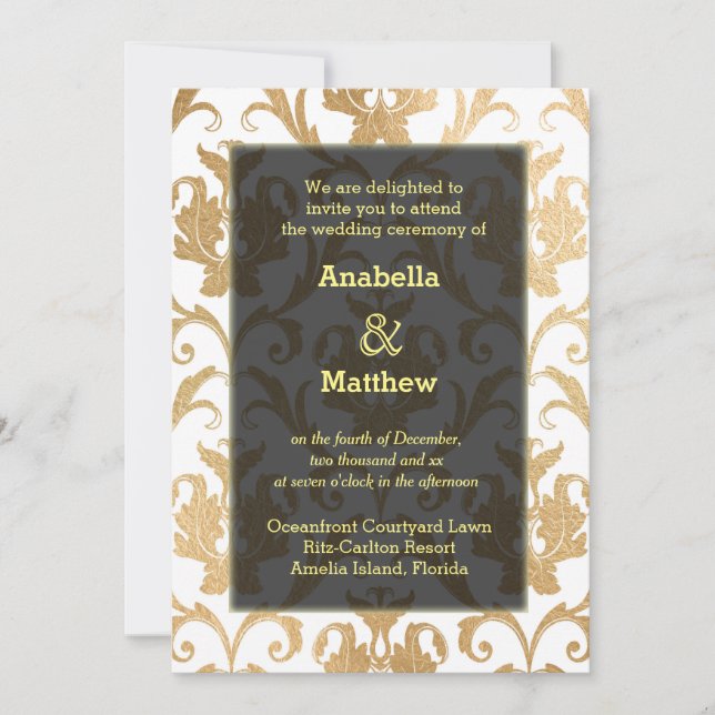 Gold swirls damask invitation (Front)
