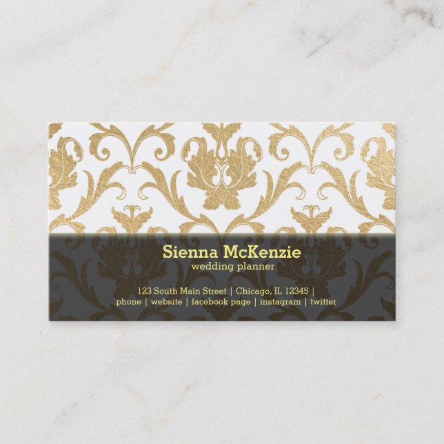 Gold swirls damask wedding planner business card (Front)