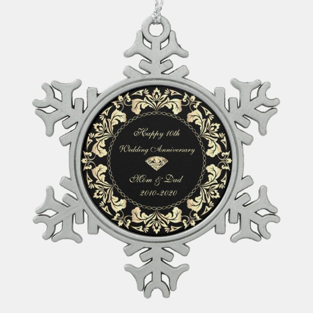 Gold Swirls Diamond 10th Wedding Anniversary Snowflake Pewter Christmas Ornament (Front)