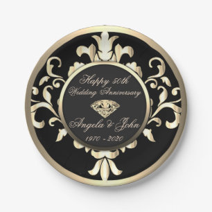 Gold Swirls Diamond 50th Wedding Anniversar Paper Plates
