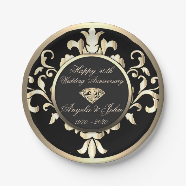 Gold Swirls Diamond 50th Wedding Anniversar Paper Plates (Front)
