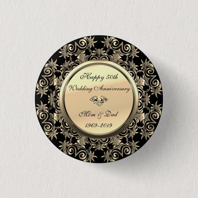 Gold Swirls  Diamond 50th Wedding Anniversary Button (Front)