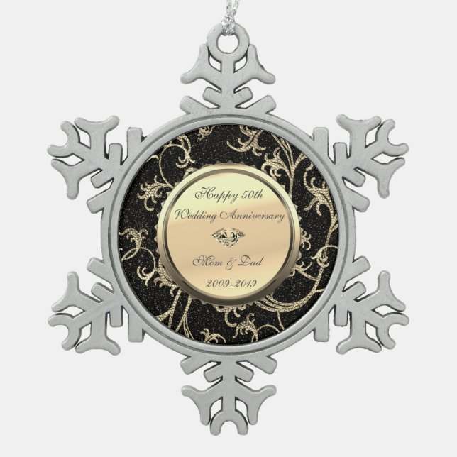 Gold Swirls Diamond 50th Wedding Anniversary Snowflake Pewter Christmas Ornament (Front)