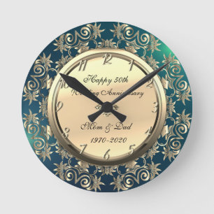 Gold Swirls Diamond Green 50th Wedding Anniversary Round Clock