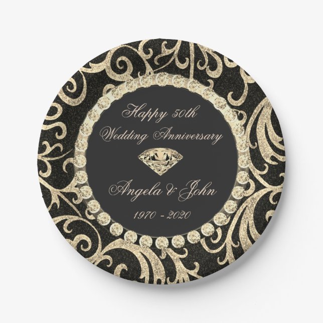 Gold Swirls Diamonds 50th Wedding Anniversar Paper Plates (Front)