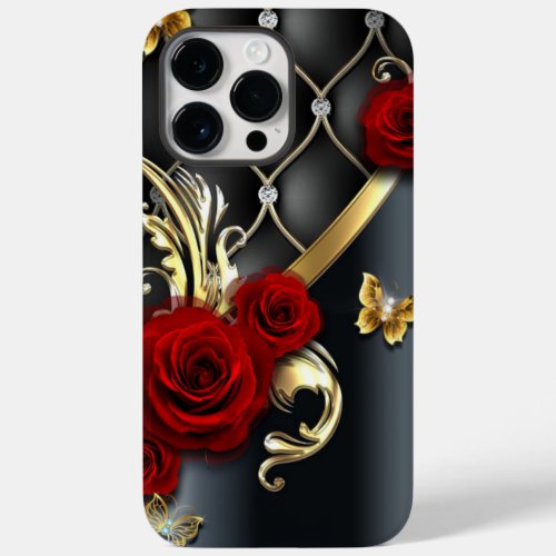 Gold Swirls Diamonds Red Tea Roses  Case_Mate iPhone 14 Pro Max Case