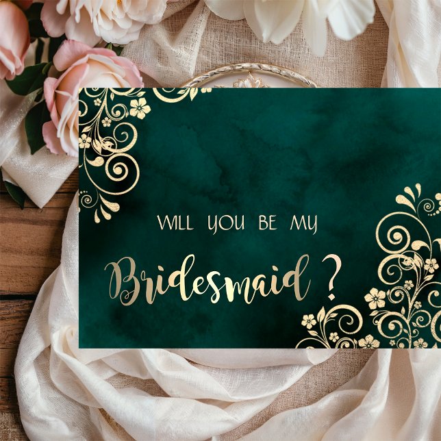 Gold Swirls Emerald Green Bridesmaid Card (Creator Uploaded)