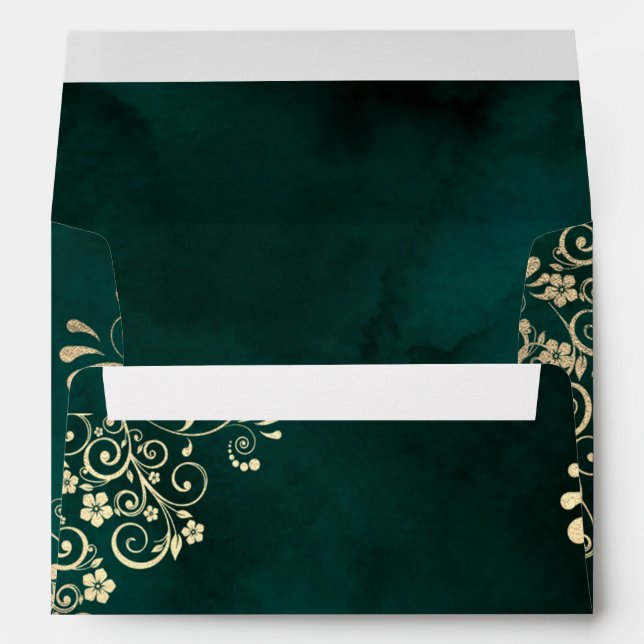 Gold Swirls Emerald Green Wedding Envelope (Back (Bottom))