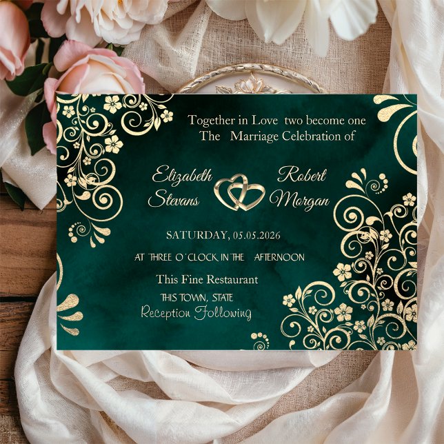 Gold Swirls Emerald Green Wedding  Invitation (Creator Uploaded)
