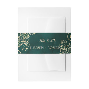 Gold Swirls Emerald Green Wedding  Invitation Belly Band