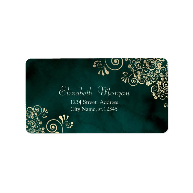 Gold Swirls Emerald Green Wedding Label (Front)