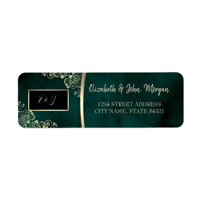 Gold Swirls Emerald Green Wedding  Label (Front)