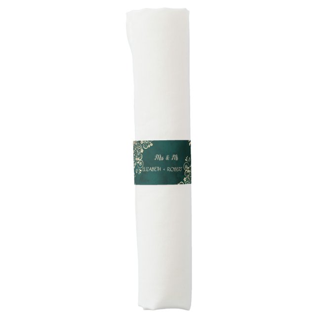 Gold Swirls Emerald Green Wedding  Napkin Bands (Front)