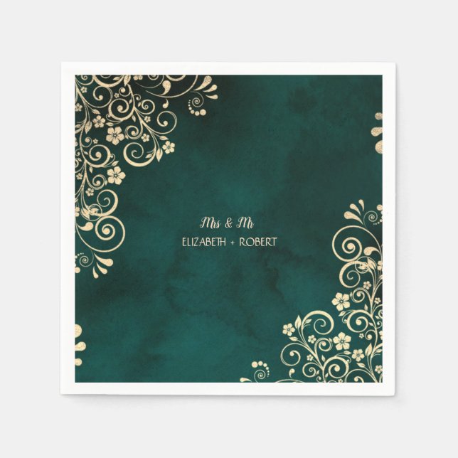 Gold Swirls Emerald Green Wedding  Napkins (Front)