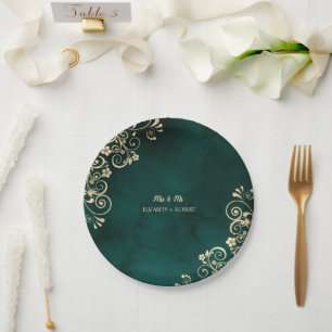 Gold Swirls Emerald Green Wedding  Paper Plates