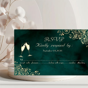 Gold Swirls Emerald Green Wedding RSVP Card