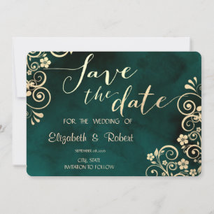 Gold Swirls Emerald Green Wedding Save The Date