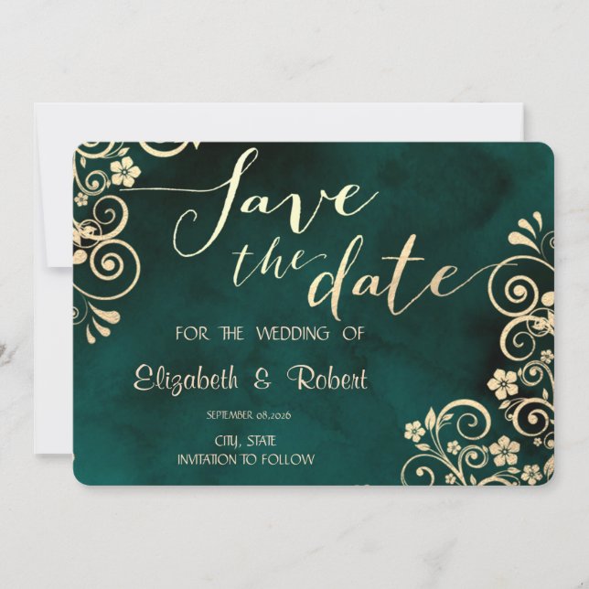 Gold Swirls Emerald Green Wedding Save The Date (Front)