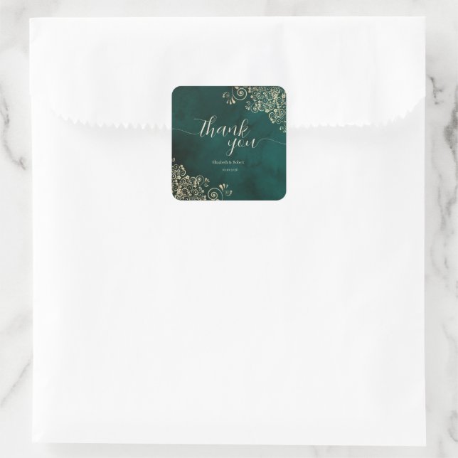 Gold Swirls Emerald Green Wedding Square Sticker (Bag)