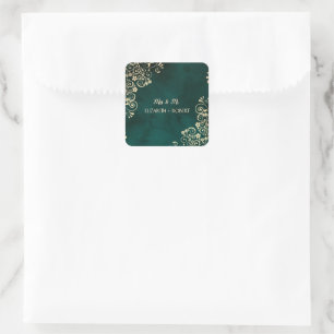 Gold Swirls Emerald Green Wedding Square Sticker