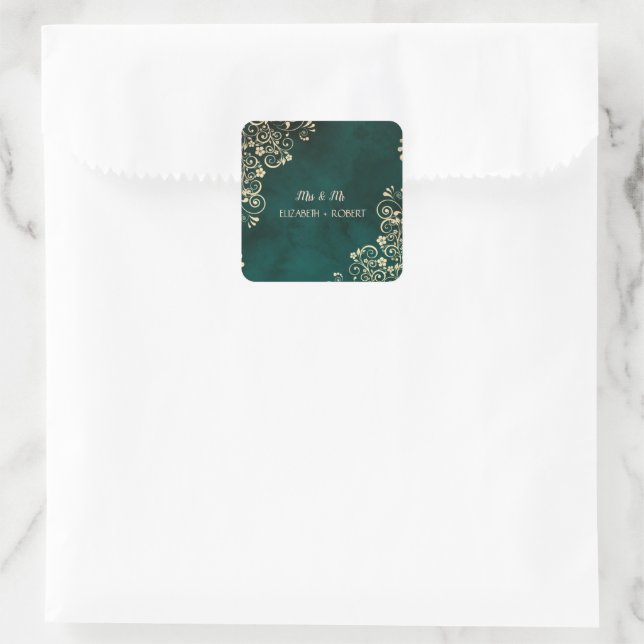 Gold Swirls Emerald Green Wedding  Square Sticker (Bag)