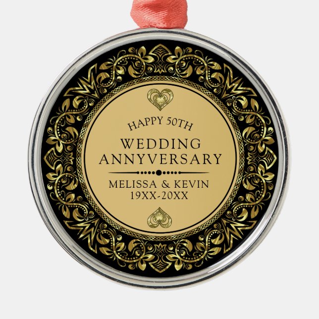 Gold Swirls frame 50th wedding anniversary Metal Ornament (Front)
