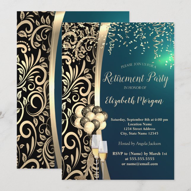 Gold Swirls Glas,High Heels,Green Retirement  Invitation (Front/Back)