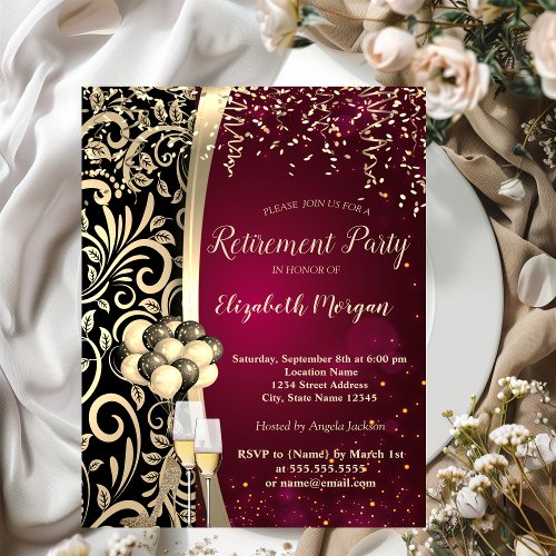 Gold Swirls GlasHigh HeelsRed Retirement   Invitation