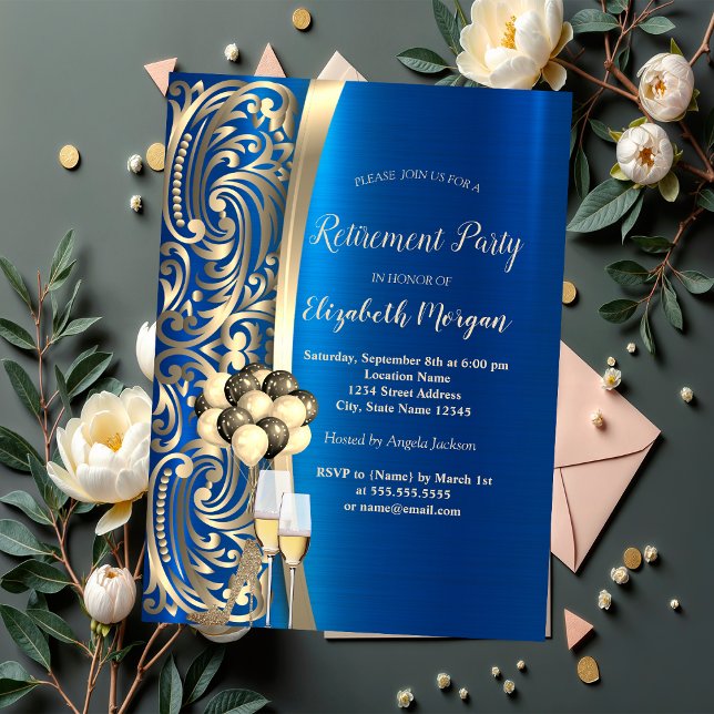Gold Swirls Glass,High Heels Blue Retirement Invitation (Creator Uploaded)