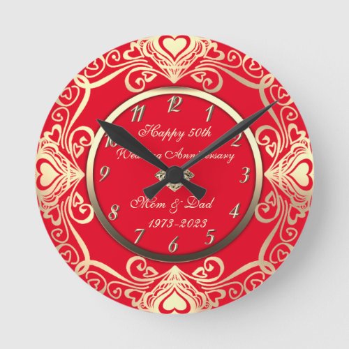 Gold Swirls Hearts Diamond Red 50th Wedding Round Clock